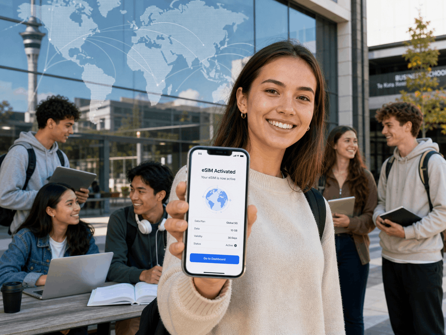 Students in New Zealand using digital connectivity tools for global academic research and international study programs